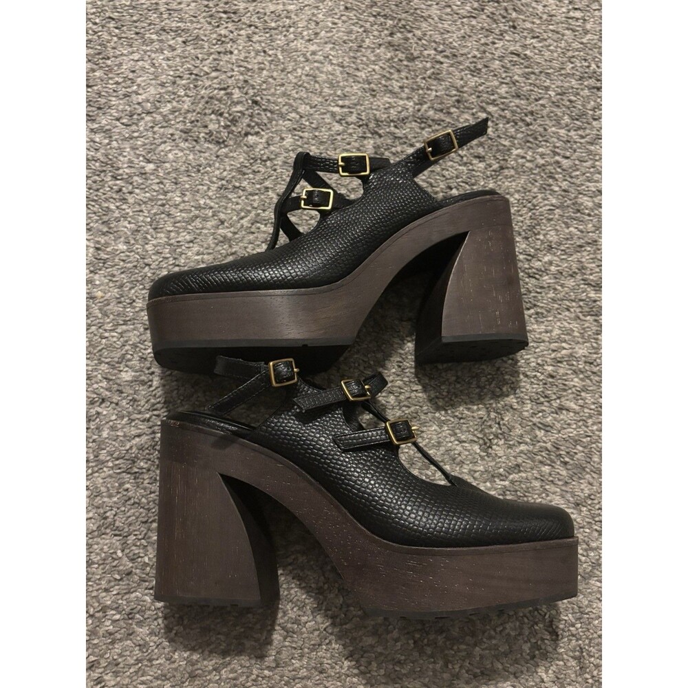 Charlotte Stone Gael Platform Mary Jane Clogs Black Leather Wood Size 7 - Picture 6 of 9